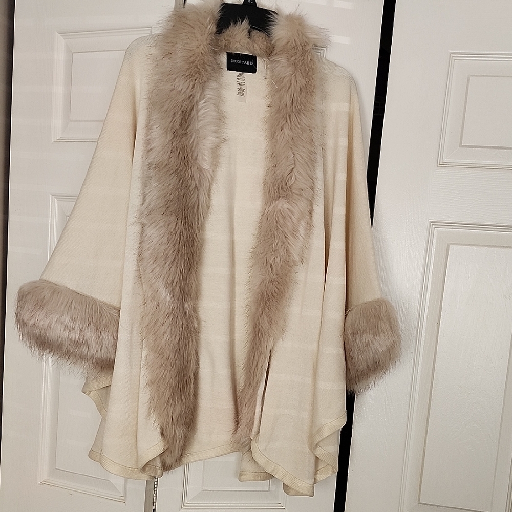 Chico's Cream Poncho with Faux Fur Trim